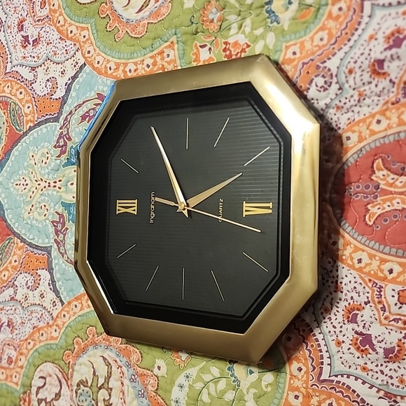 Vintage Ingraham Hanging Wall Clock Quartz Movement, Black Gold 11